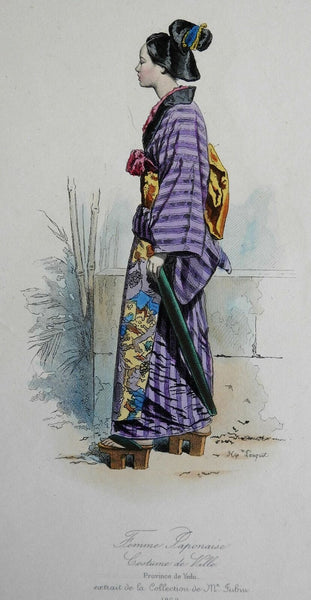 Japanese Woman City Fashion Kimono Sandals Umbrella 1868 Paquet Costume Print