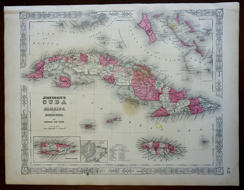 Caribbean Islands Cuba Puerto Rico Jamaica 1864 Johnson & Ward civil war era map