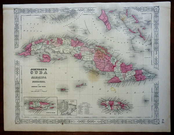 Caribbean Islands Cuba Puerto Rico Jamaica 1864 Johnson & Ward civil war era map