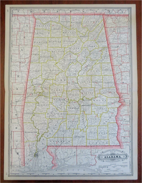 Alabama County Map Mobile Montgomery 1885 Cram scarce large detailed map