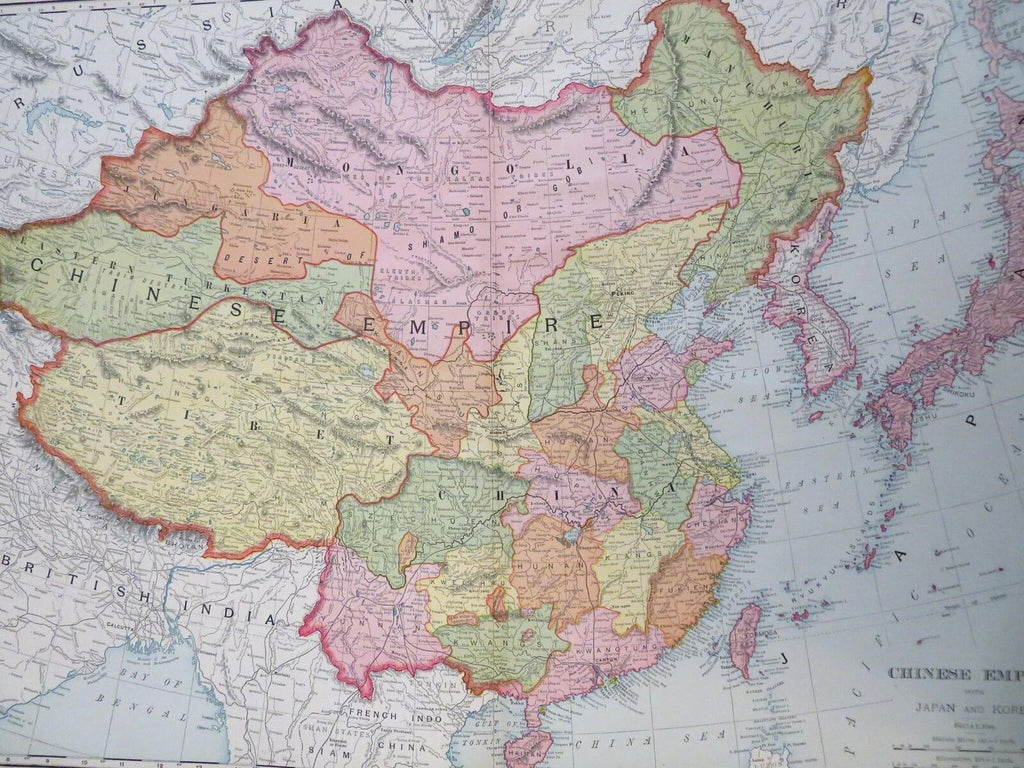 Qing Empire China Mongolia Tibet Korea Japan 1907 nicely detailed v. large map