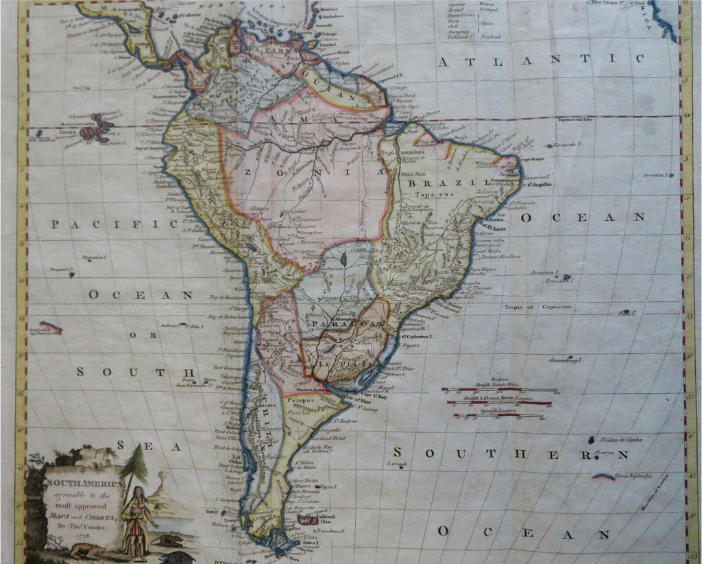 South America continent 1778 Conder decorative map native cartouche w/ animals