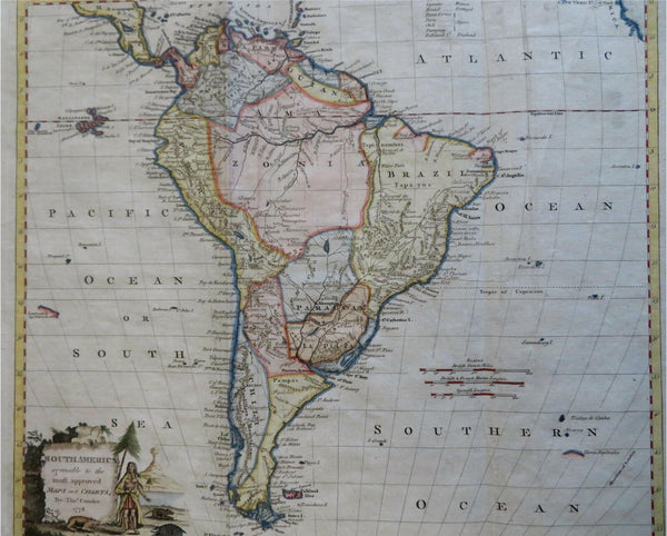 South America continent 1778 Conder decorative map native cartouche w/ animals