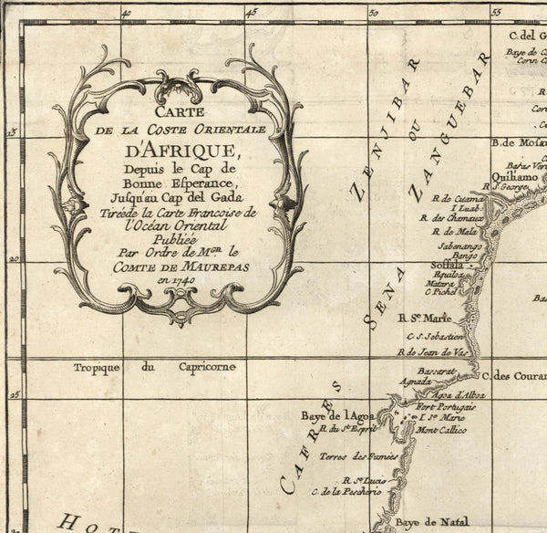 Southeast Africa Zanzibar Mozambique "Hottentots" Cape c.1750 old Bellin map
