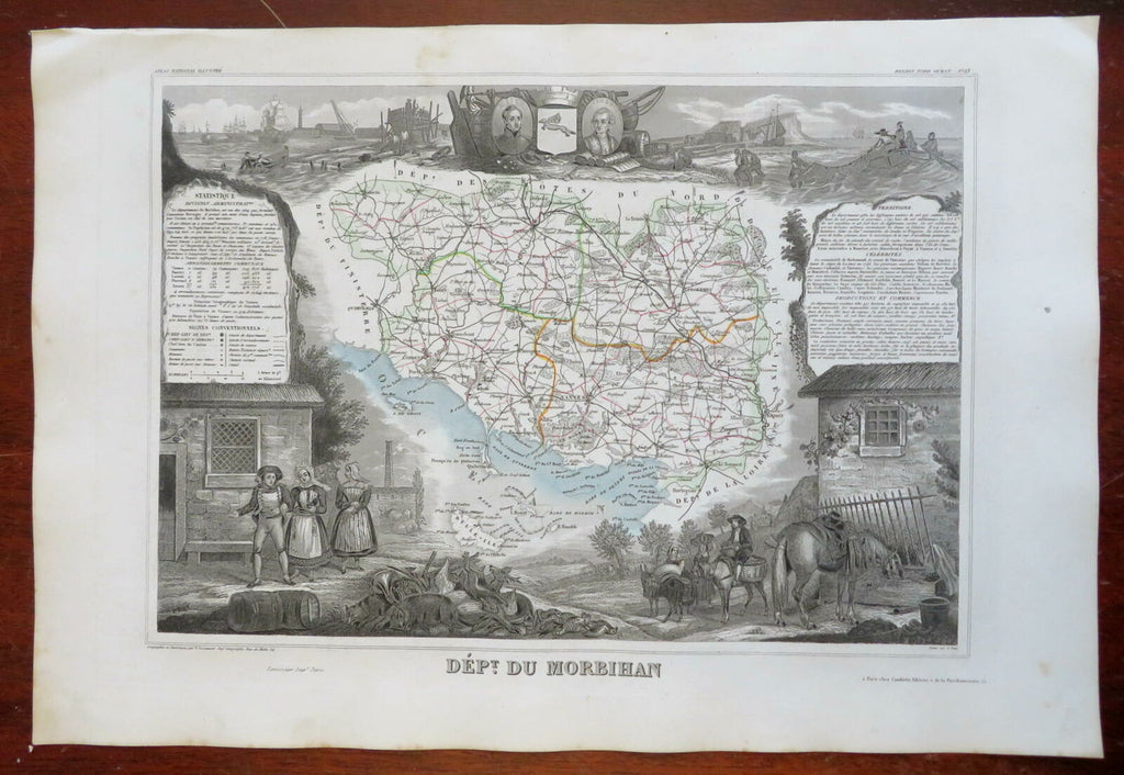 Morbihan Department France Brittany Vannes 1856 Levasseur decorative map