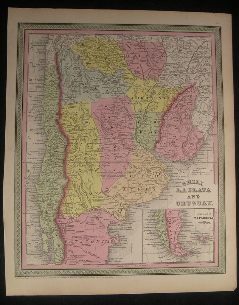 Chile Uruguay North Patagonia Buenos Aires 1850 antique fine Cowperthwait map