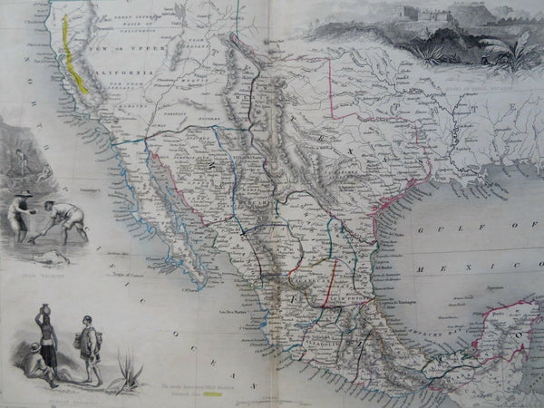 Mexico Texas California Gold Panning Uxmal Tallis 1851 decorative vignette map