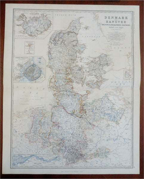 Denmark Iceland Northern Germany Hanover Anhalt 1865 Johnston large folio map