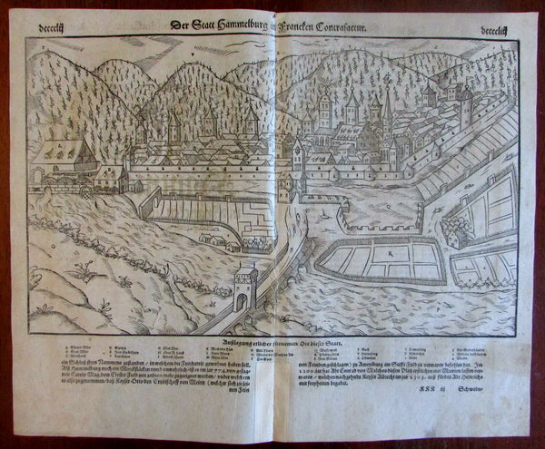 Hammelburg Germany panorama 1590's Munster old wood cut city panorama view