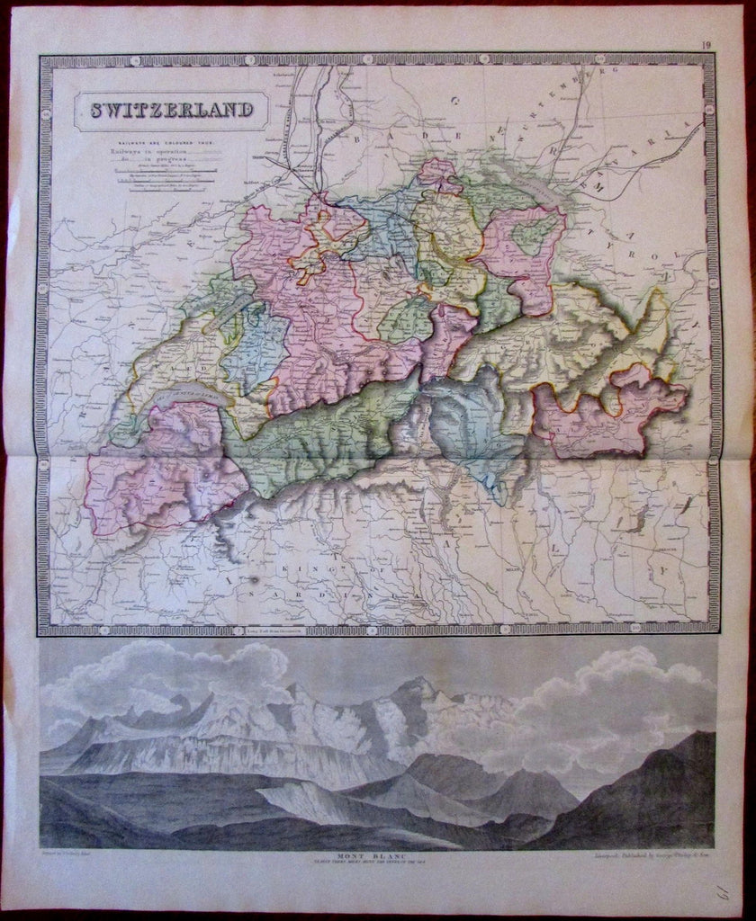Switzerland Mont Blanc view railroads c.1850 Philip large attractive old map