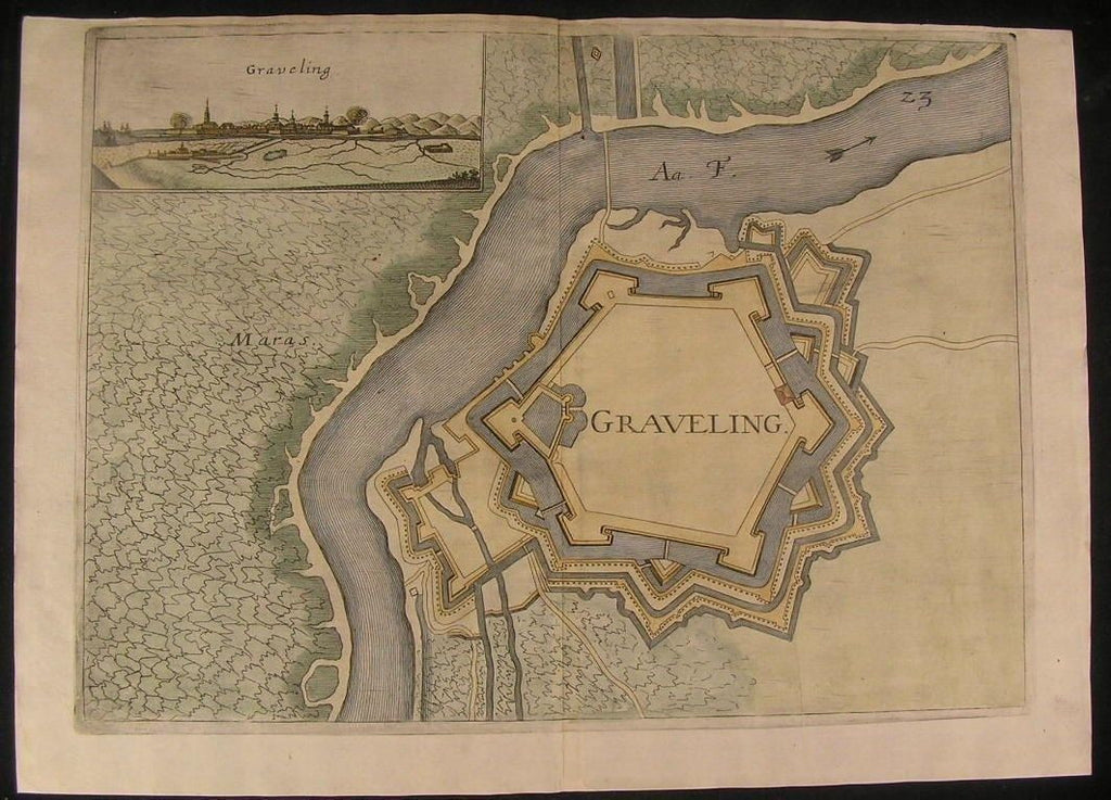Gravelines Northern France Aa River 1673 antique Priorato hand color city plan