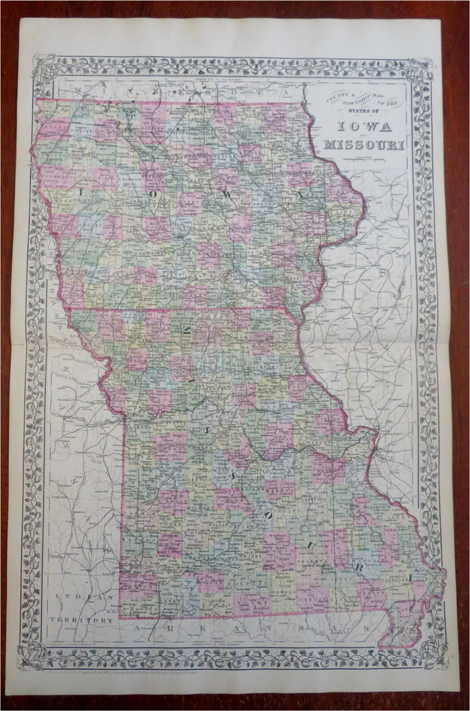 Iowa & Missouri County Map Des Moines St. Louis 1882 Mitchell map