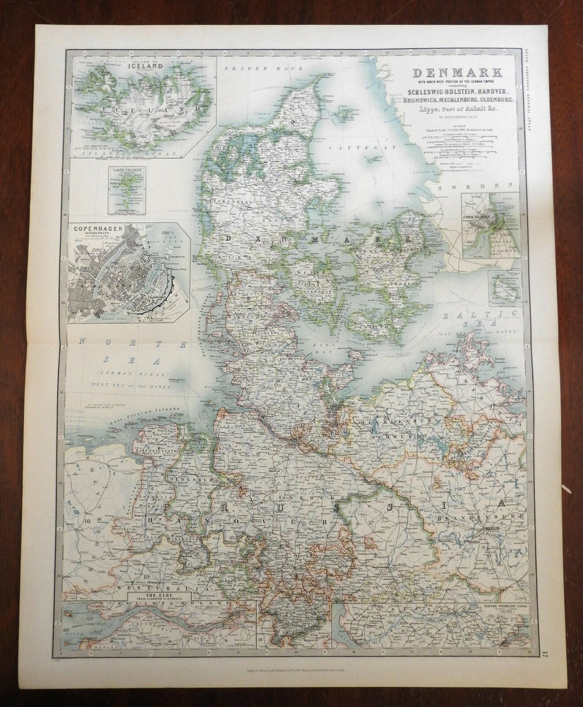 Kingdom of Denmark Jutland Fyn Sjaelland Copenhagen 1905 large detailed map