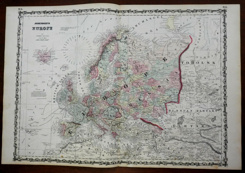 European Continent Sea Lanes Exploration 1864 Johnson & Ward civil war era map