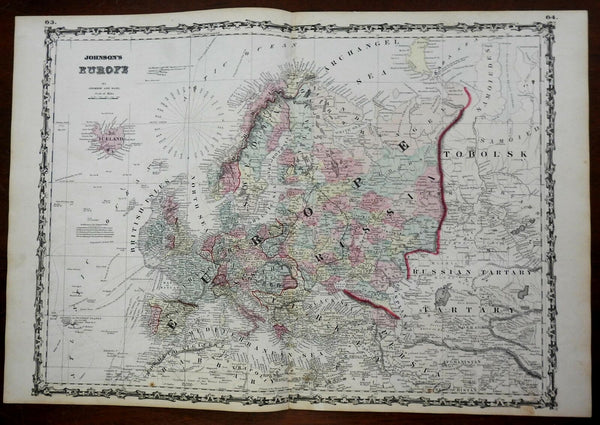 European Continent Sea Lanes Exploration 1864 Johnson & Ward civil war era map