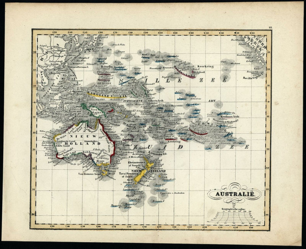 Australia New Holland Zealand Oceania 1840-45 Baedeker Petri scarce Dutch map