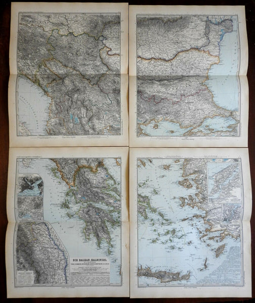 Balkan Peninsula set of 4 maps Bulgaria Serbia Greece 1891 Stieler very detailed