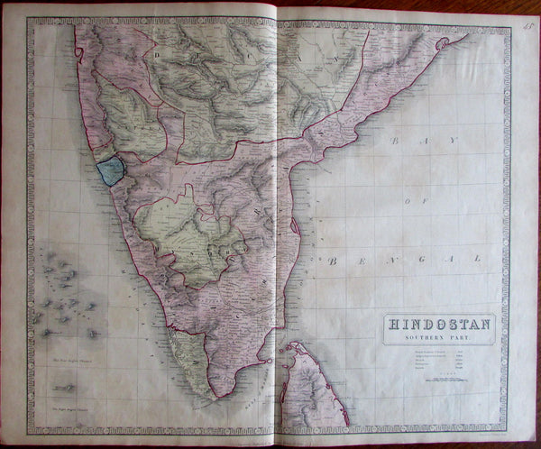 India southern portion c. 1850 large old engraved map beautiful hand color