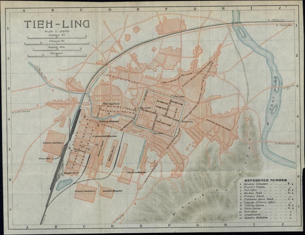 Tieh Ling Tieling China city plan 1913 scarce detailed color folding map