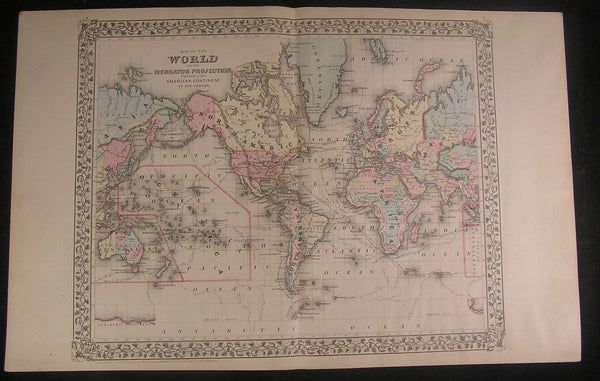 World Mercator Polynesia Manchuria Peru c.1882 antique hand color lithograph map