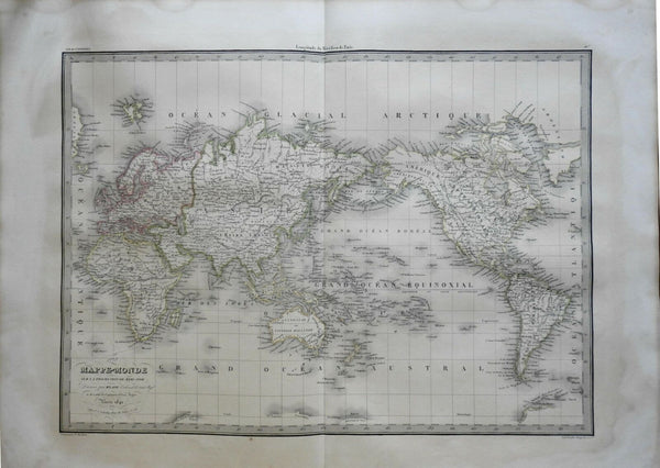 World Map Mercator's Projection Mts. of Moon Africa 1842 Lapie large folio map
