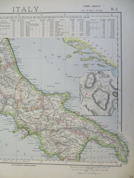 Central Italy Rome Naples Mt. Vesuvius Siena trade 1883 Letts scarce map