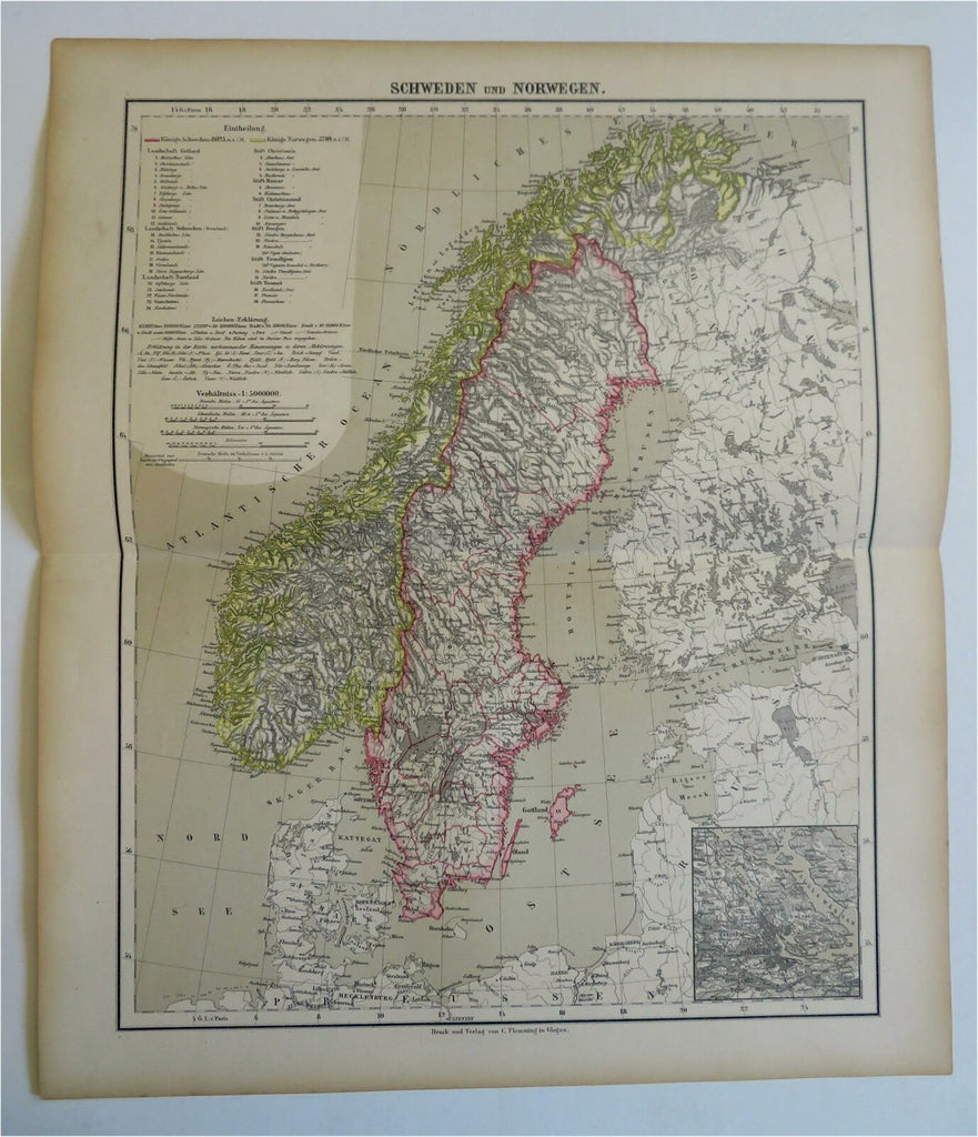 Sweden and Norway Scandinavia Stockholm 1886 Flemming detailed map