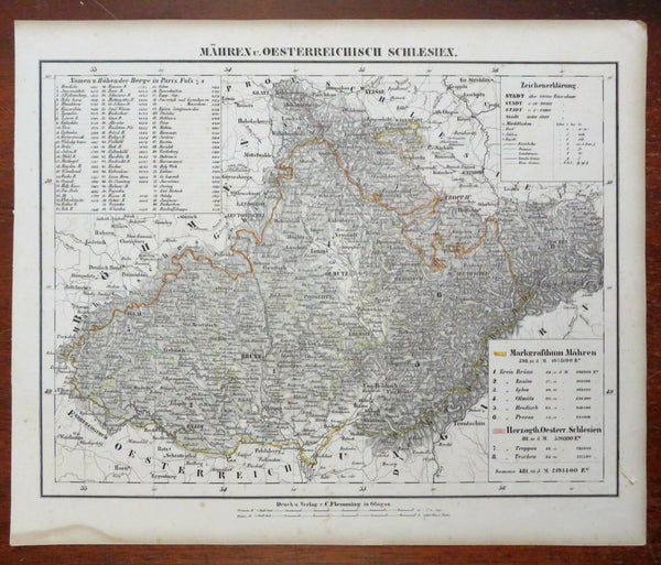 Moravia Silesia Austria-Hungary Hapsburg Lands 1874 Flemming detailed large map