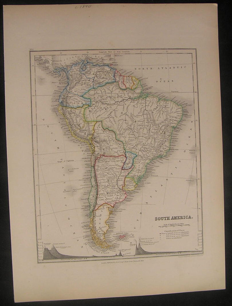 South America c.1840 Dower w/ Mt. Profiles fine old vintage antique map