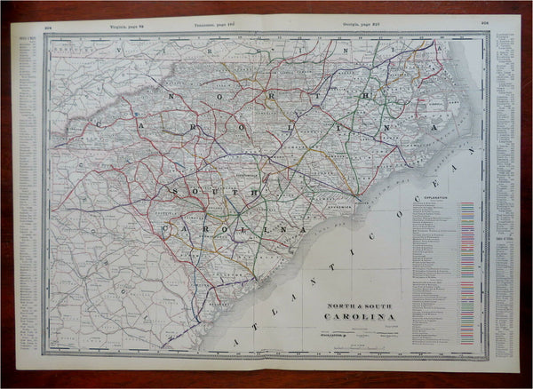 North & South Carolina Raleigh Charleston Charlotte c. 1880's-90 Cram large map