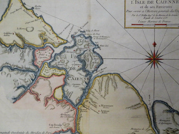 Isle de Cayenne French Guyana South America 1753 Bellin engraved hand color map