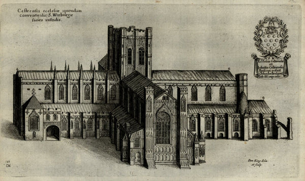 England Chester Catherdral St. Werburg South View 1655 antique engraved print