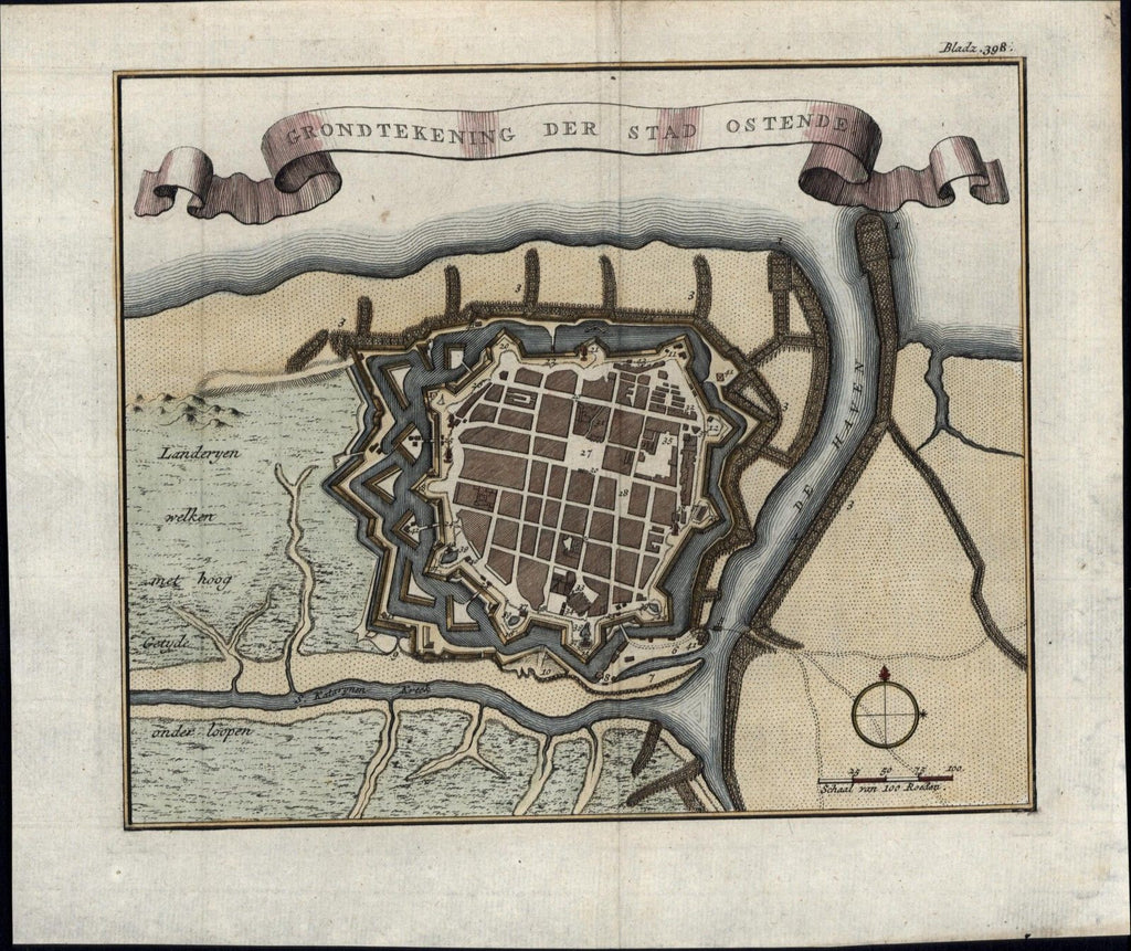 Ostend West Flanders Belgium North Sea 1739 old antique color city plan map