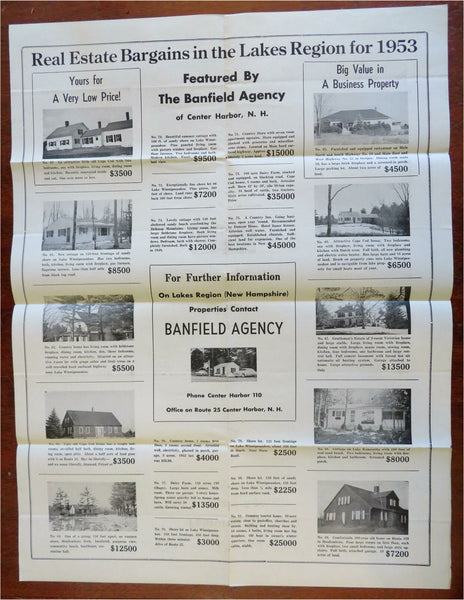 Center Harbor New Hampshire Lakes Region 1953 Real Estate Broadside homes