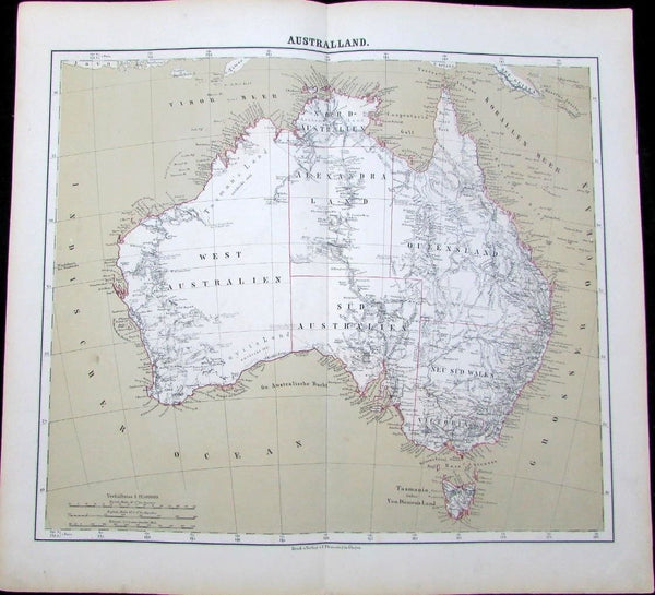 Australia early exploration routes 1875 Flemming scarce folio antique German map