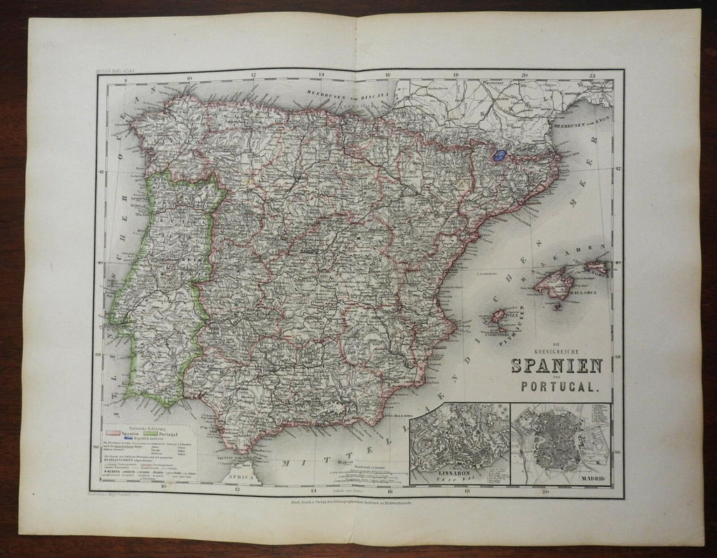 Kingdoms Spain Portugal Madrid Lisbon city plans 1873 Ravenstein detailed map