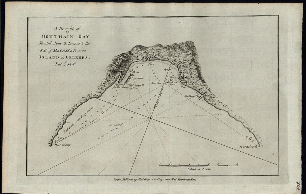Bonthain Bay Island of Celebes 1780 near Macassar old vintage map Capt. Carteret