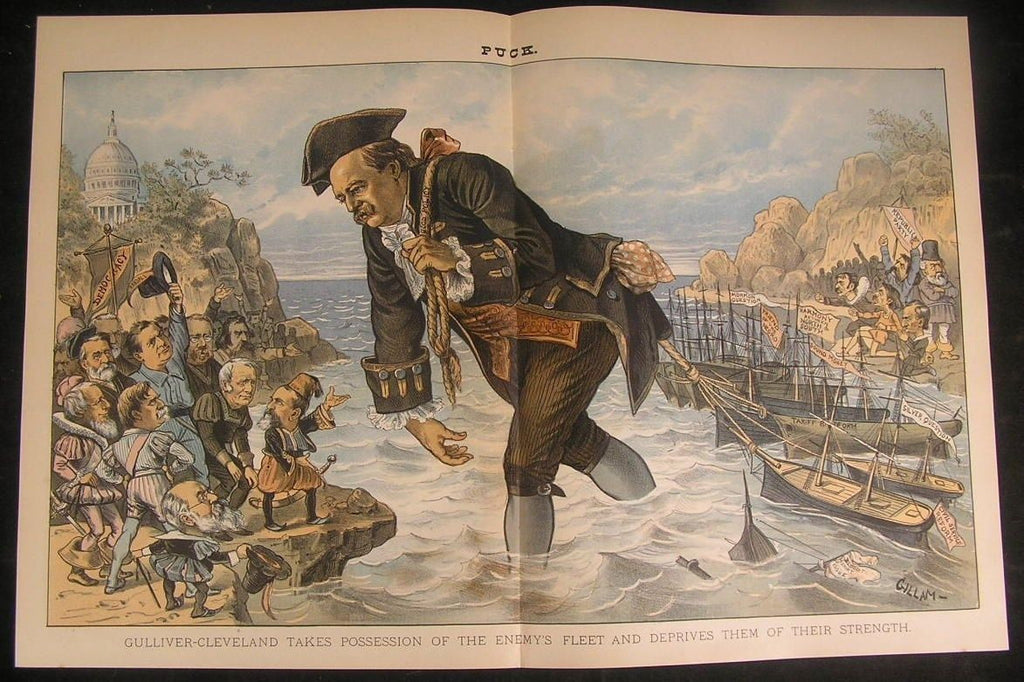 Political Giant Turns Tide Appeals to Voters 1885 antique color lithograph print