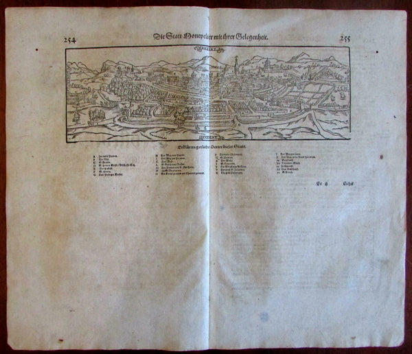 Montpellier France panorama 1590's Munster old wood cut city panorama view