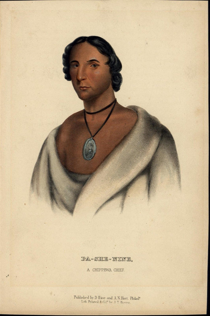 Pa-She-Nine Chippewa Chief Portrait 1842-58 McKenney & Hall Indian color litho