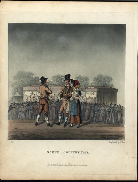 Country Fair Musician Entertainers Crowds 1825 vintage color aquatint old print