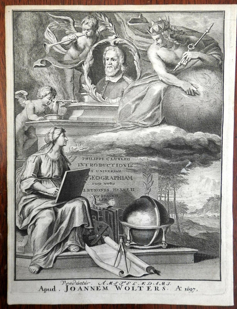 Frontispiece Cluverius Portrait Geography Globe 1697 Wolters engraved frontis