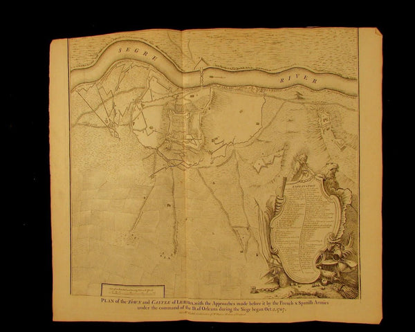 Lerida Lleida Catalonia Spain 1707 town & Castle war 1740 engraved antique map