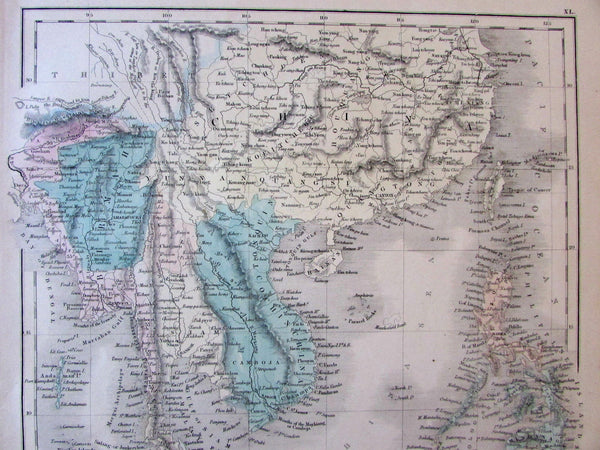 Southeast Asia Siam Borneo Birmah Sumatra China 1854 S. Hall map old hand color