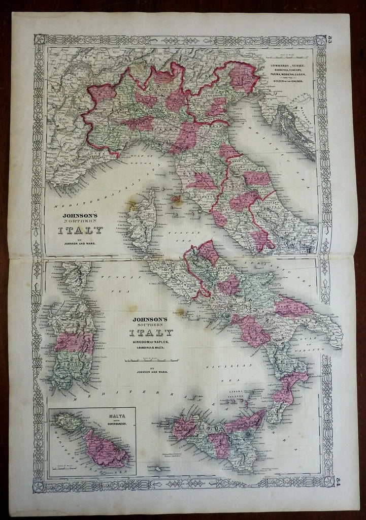 Kingdom of Italy Sardinia Naples Tuscany 1864 Johnson & Ward civil war era map