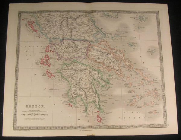 Greece Peloponnese Peninsula Candia Sea 1843 antique Teesdale hand color map