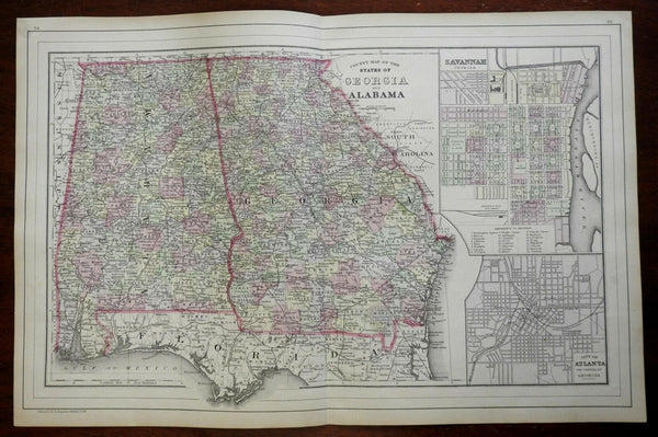 Georgia & Alabama with Savannah & Atlanta city plans 1884 large Mitchell map