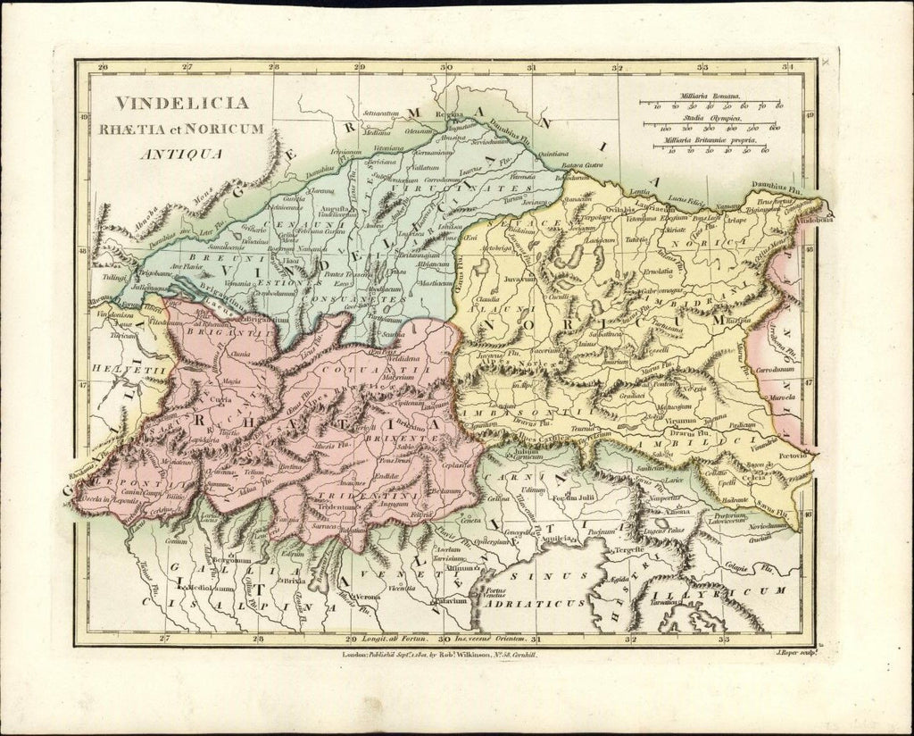 Vindelicia Rhaetia et Noricum Antiqua Europe 1809 Wilkinson old map engraved