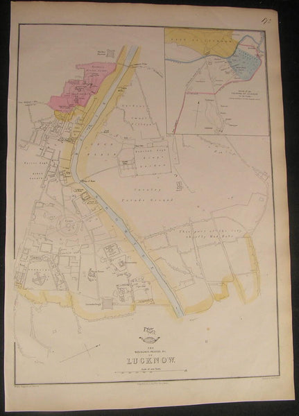 Lucknow India large detailed city plan c.1863 scarce old antique city plan