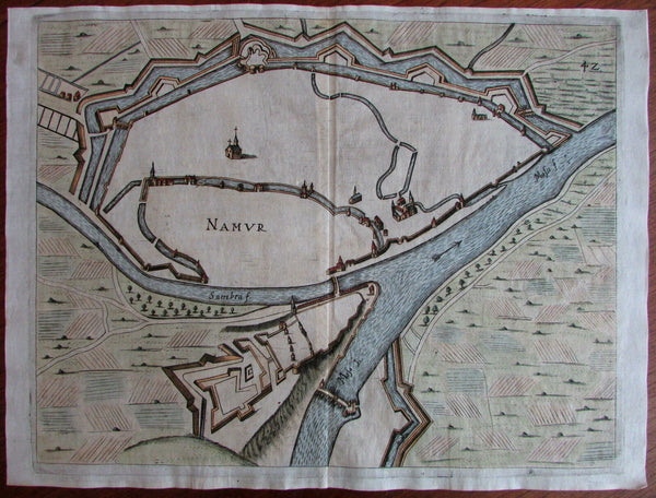 Namur Belgium Low Countries 1673 Priorato city plan lovely map hand colored